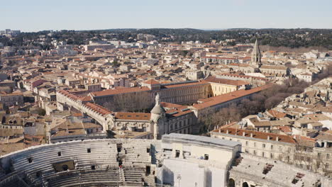 Close-to-global-aerial-view-over-the-Arena-of-Nîmes-is-a-Roman-amphitheatre